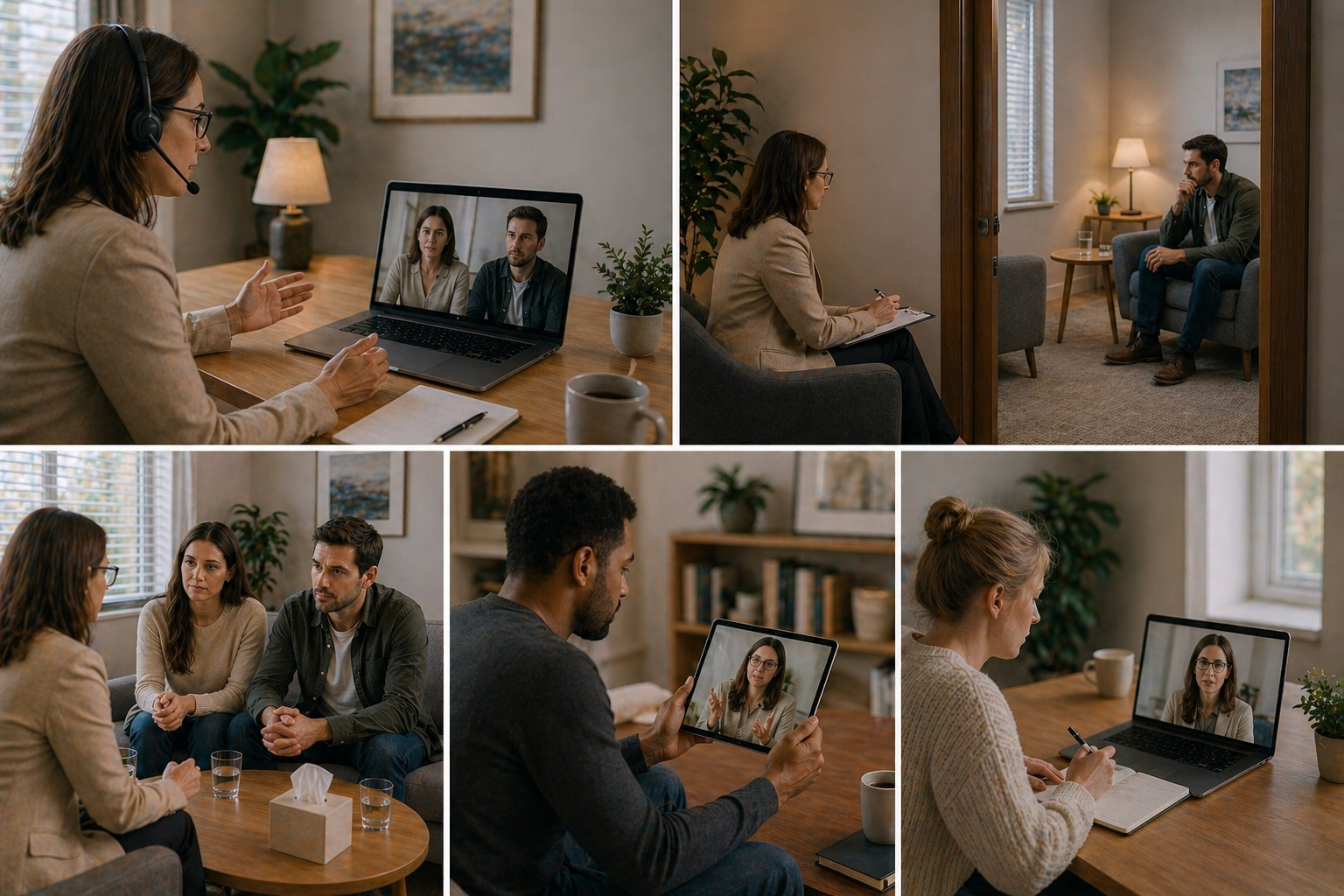 A family mediation session in progress, with a mediator guiding a couple through a conversation about their relationship and the next steps in a calm and supportive environment.